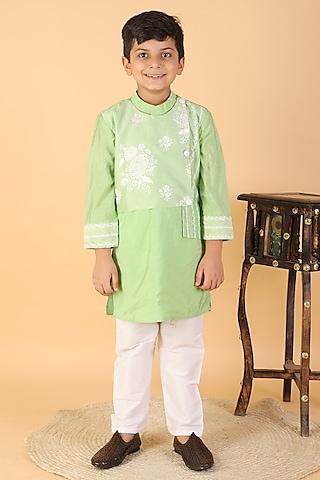 green chanderi silk & cotton silk embroidered kurta set for boys