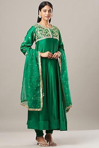 green chanderi silk anarkali set