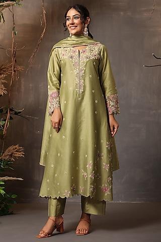 green chanderi silk applique & cutwork embroidered kurta set