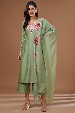 green chanderi silk dori embroidered kurta set