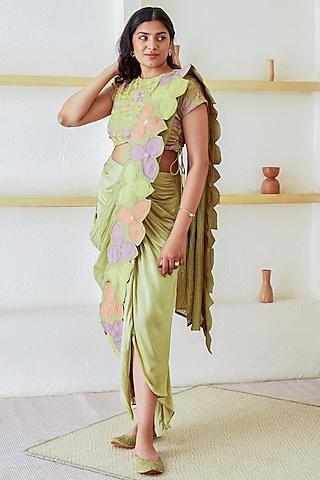 green chanderi silk draped saree set