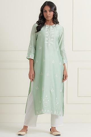 green chanderi silk embroidered kurta set