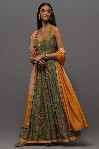 green chanderi silk printed kalidar anarkali set