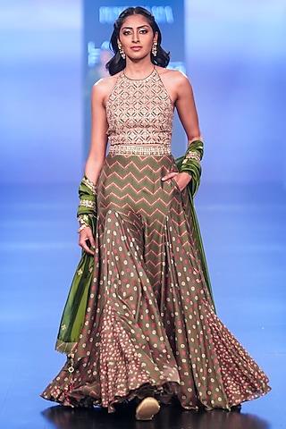 green chanderi silk printed lehenga set