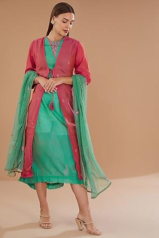 green chanderi thread embroidered a-line kurta set