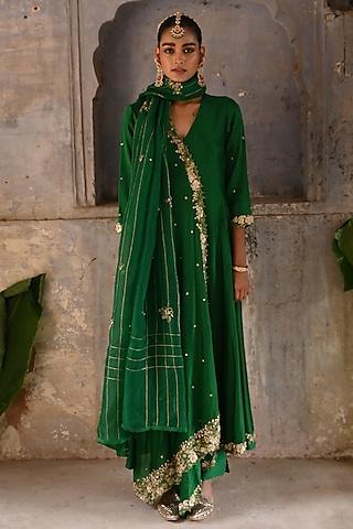 green chanderi zardosi embroidered kurta set