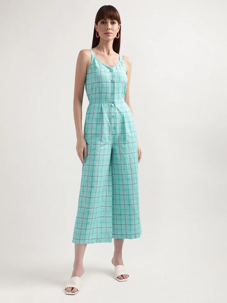 green checked v neck jumpsuit
