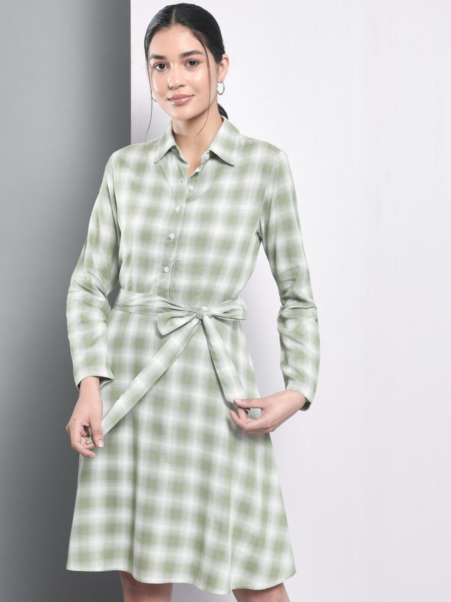 green checkered flare dress with belt (set of 2)