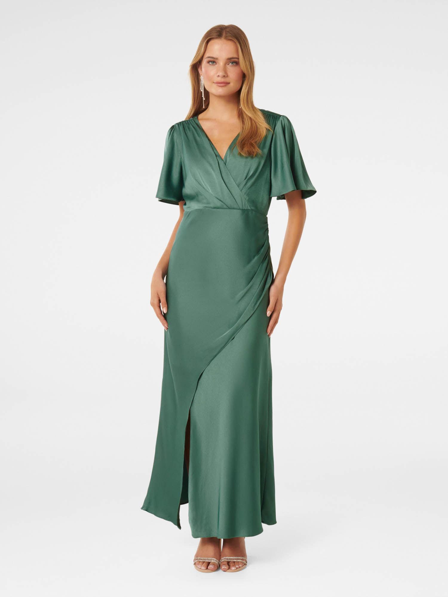 green chelsea flutter sleeve satin maxi dress