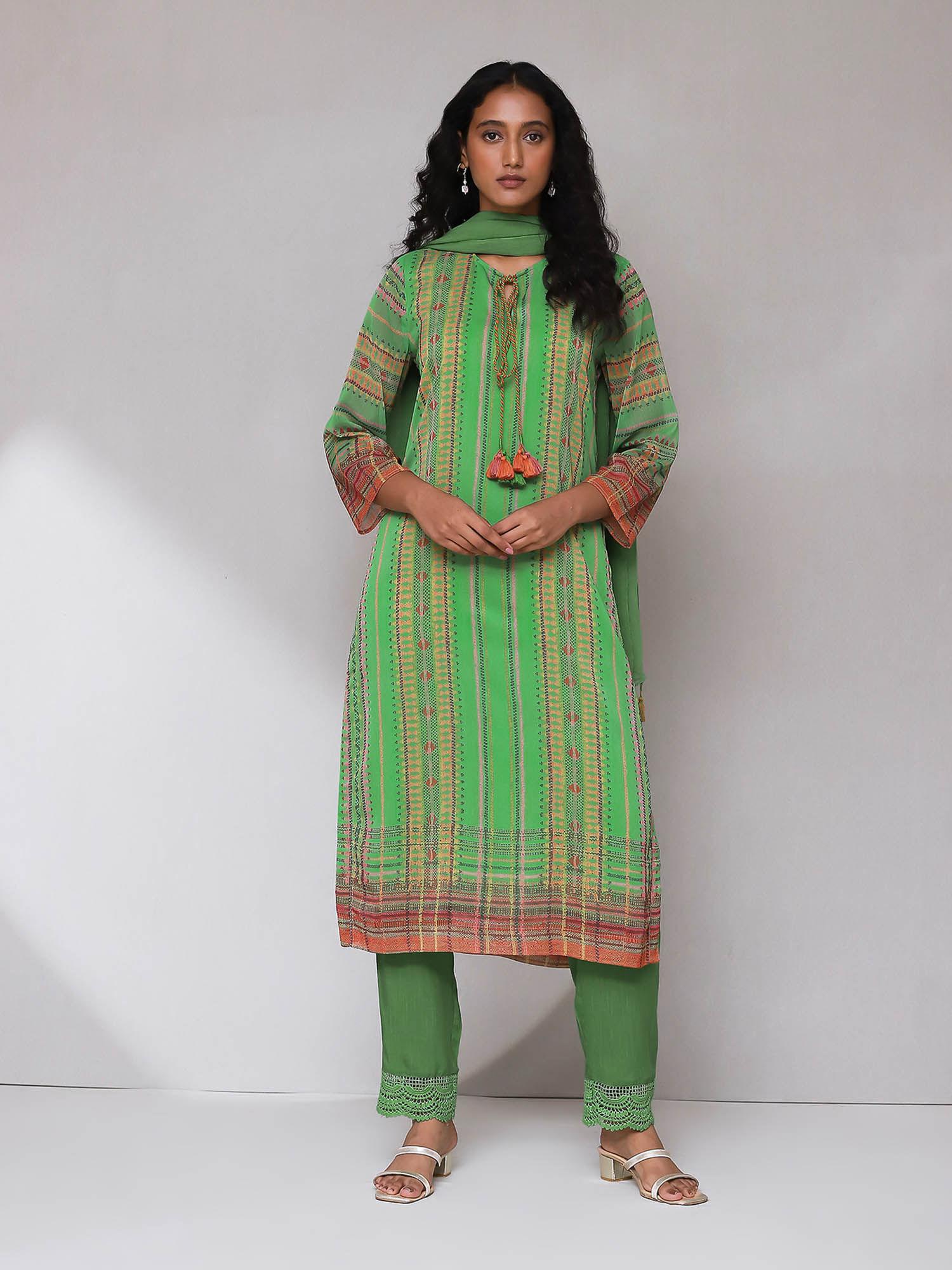 green chevrons print kurta with pant and dupatta (set of 3)