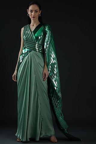 green chiffon & mesh pre-draped saree