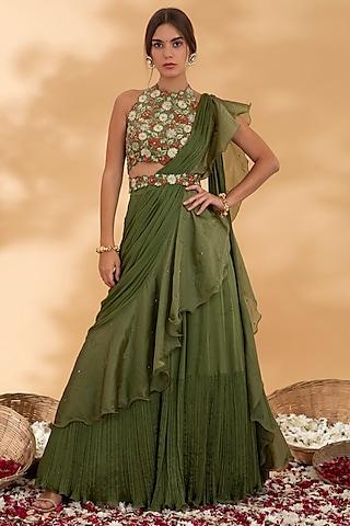 green chiffon & organza pre-draped saree set