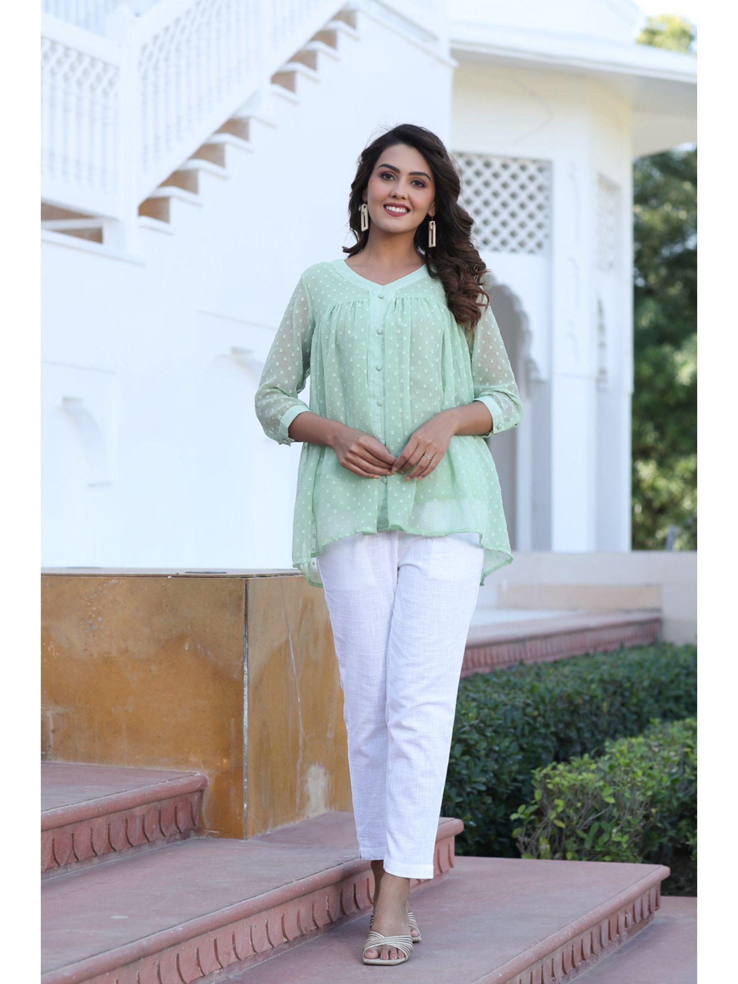 green chiffon dobby gathered top with flared hemline