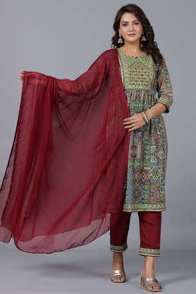 green chiffon ethnic motif printed kurta, pants & dupatta set with mirror work embroidery - green