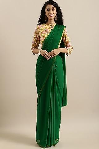 green chiffon hand dyed & zari embellished saree set