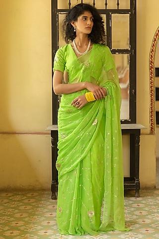green chiffon hand embellished saree set