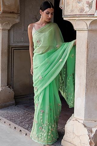 green chiffon hand embroidered saree set