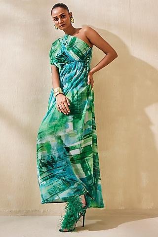 green chiffon one-shoulder dress