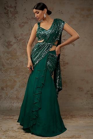 green chiffon sequins embroidered hand textured draped saree set