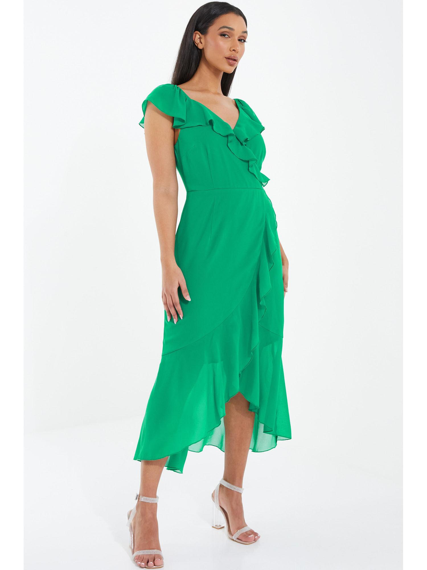 green chiffon wrap frill midi dress