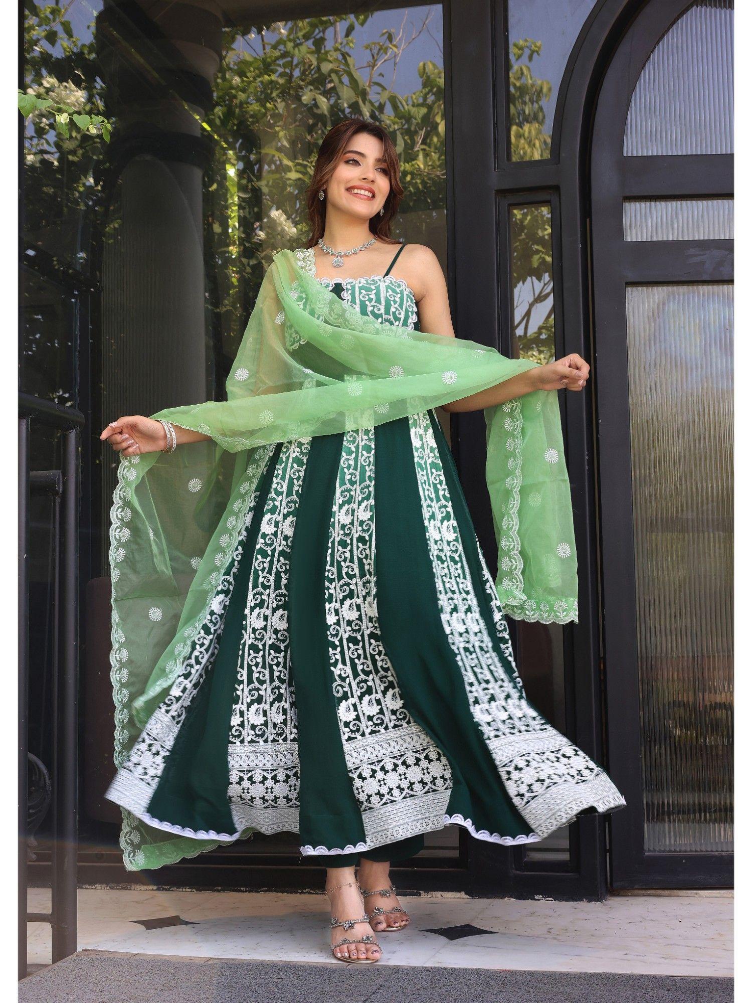 green chikankari corset anarkali with pant and dupatta (set of 3)