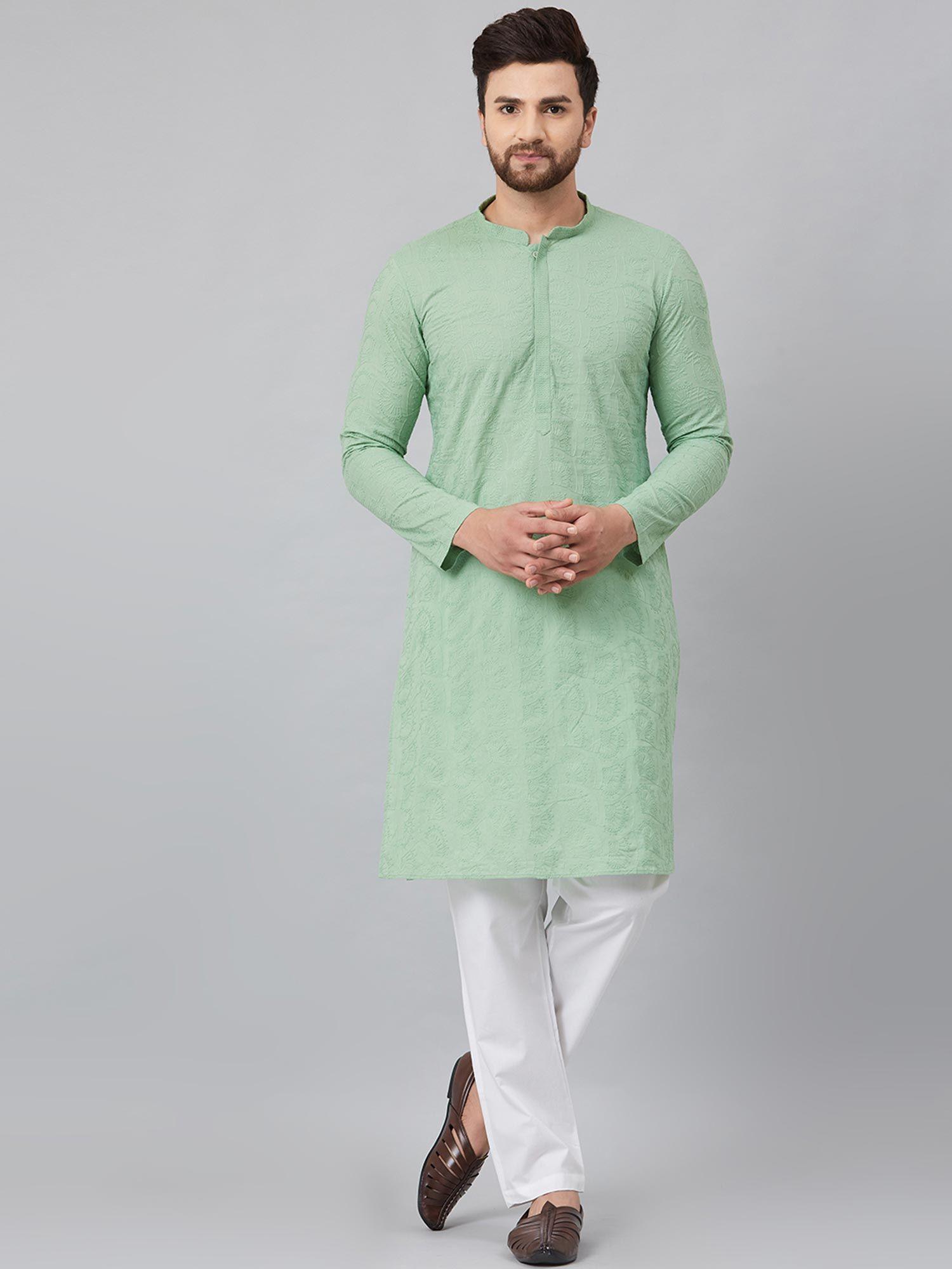 green chikankari embroidered woven design straight kurta with pyjama (set of 2)