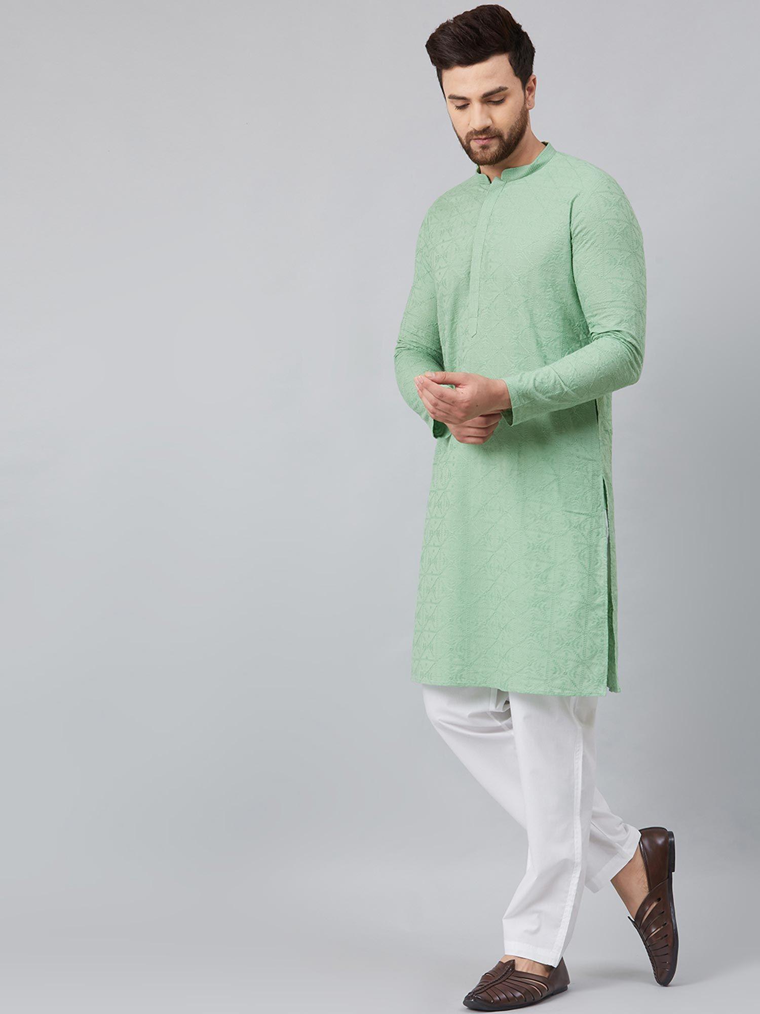 green chikankari embroidered woven design straight kurta with pyjama (set of 2)