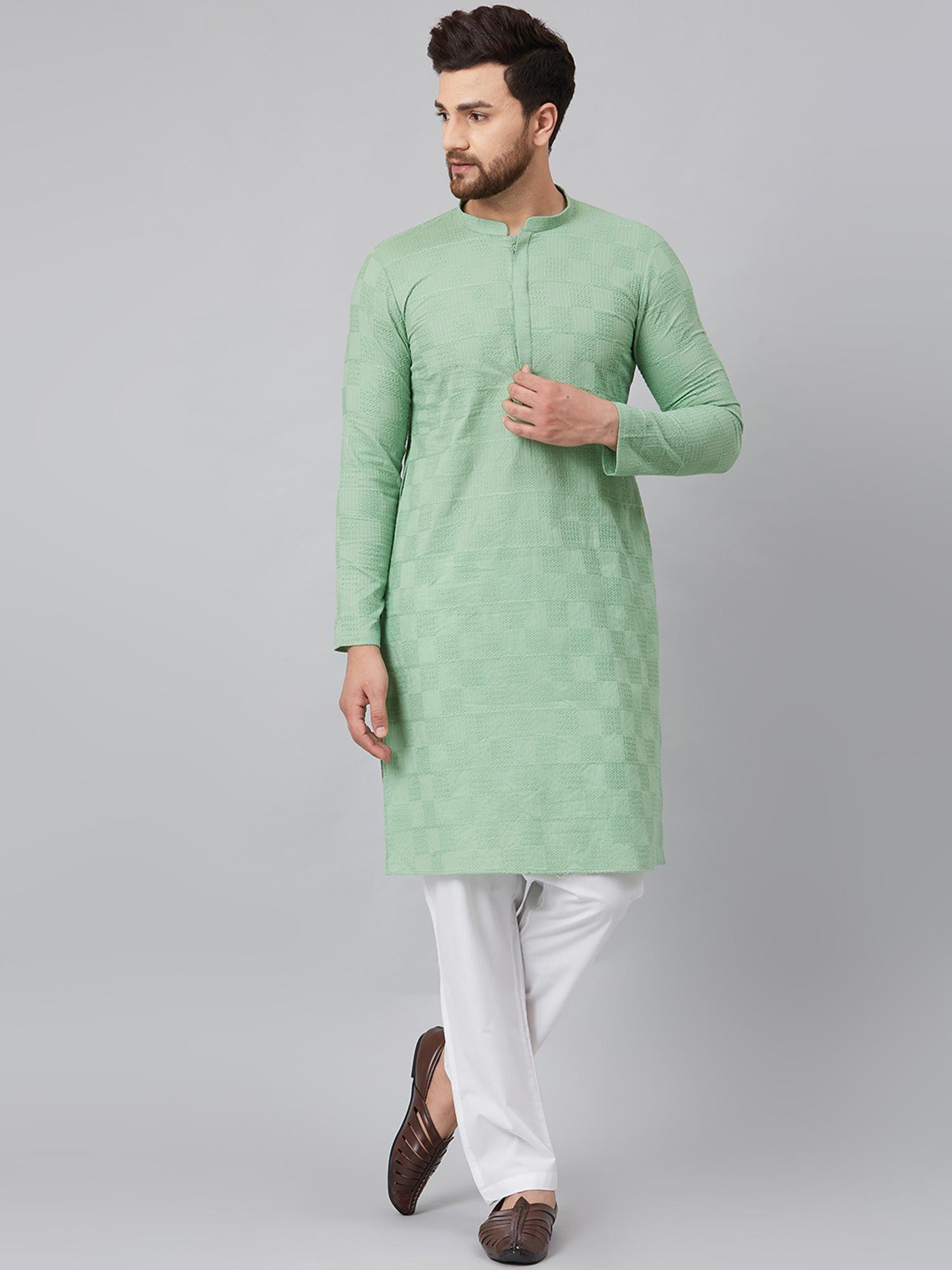 green chikankari embroidered woven design straight kurta