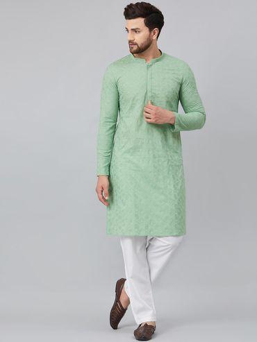 green chikankari embroidered woven design straight kurta