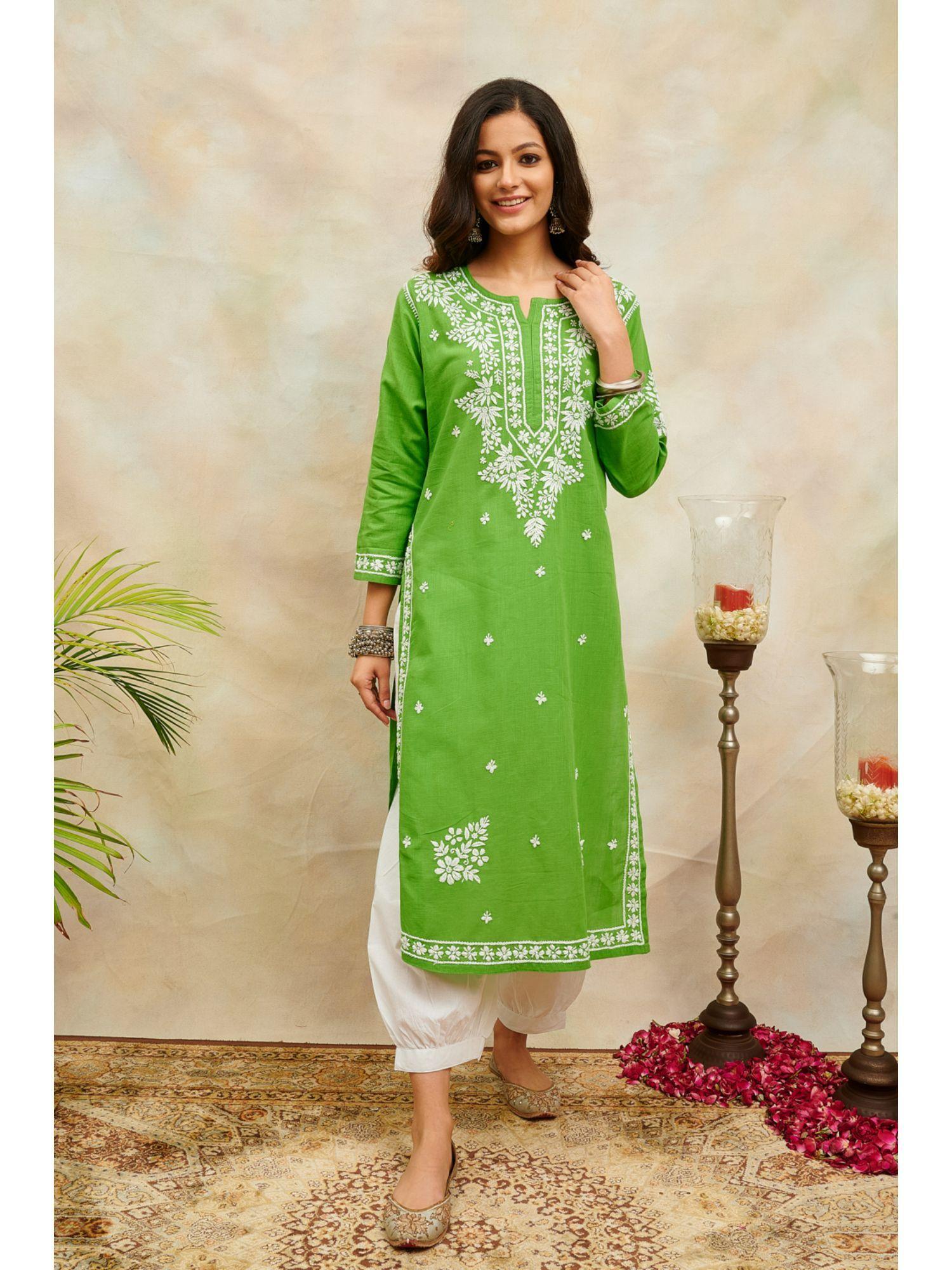 green chikankari handloom cotton kurta