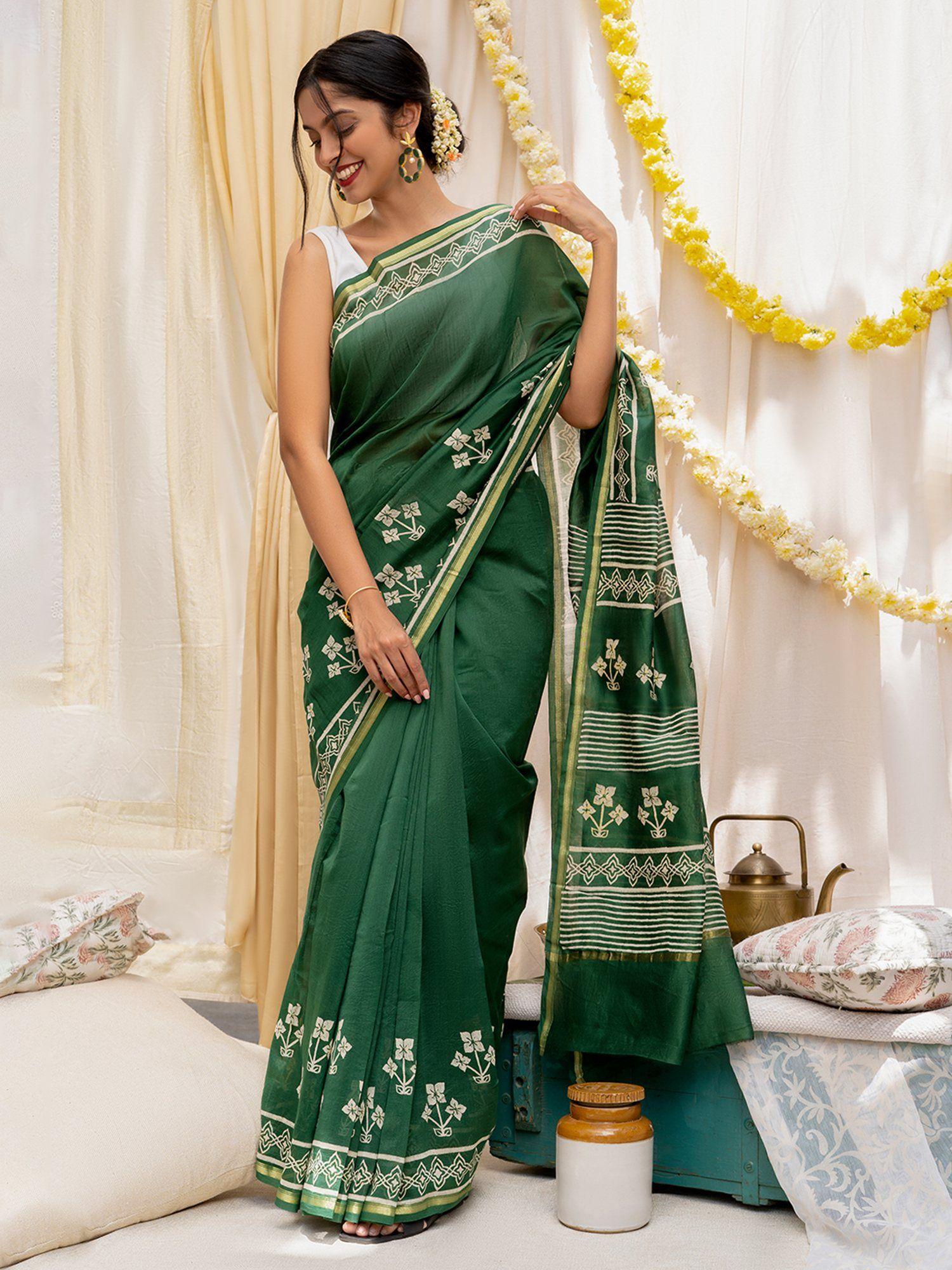 green chilli bottle green block print chanderi silk saree with unstitched blouse