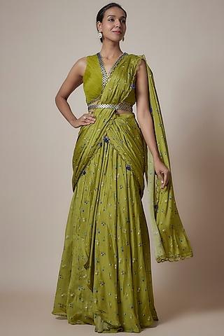 green chinon chiffon printed draped saree set