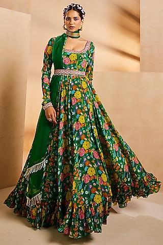 green chinon handpainted & hand embroidered anarkali set