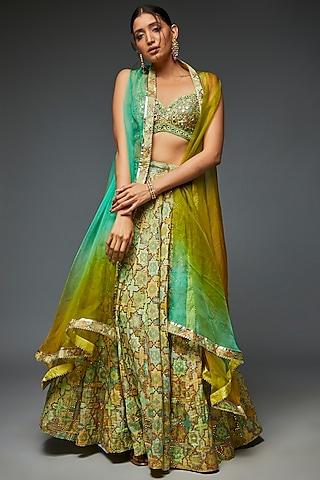 green chinon silk embroidered & printed lehenga set