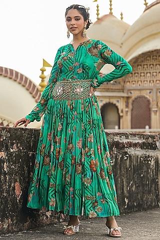 green chinon silk floral printed gathered gown with belt