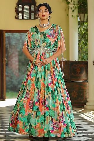 green chinon silk printed gown with belt