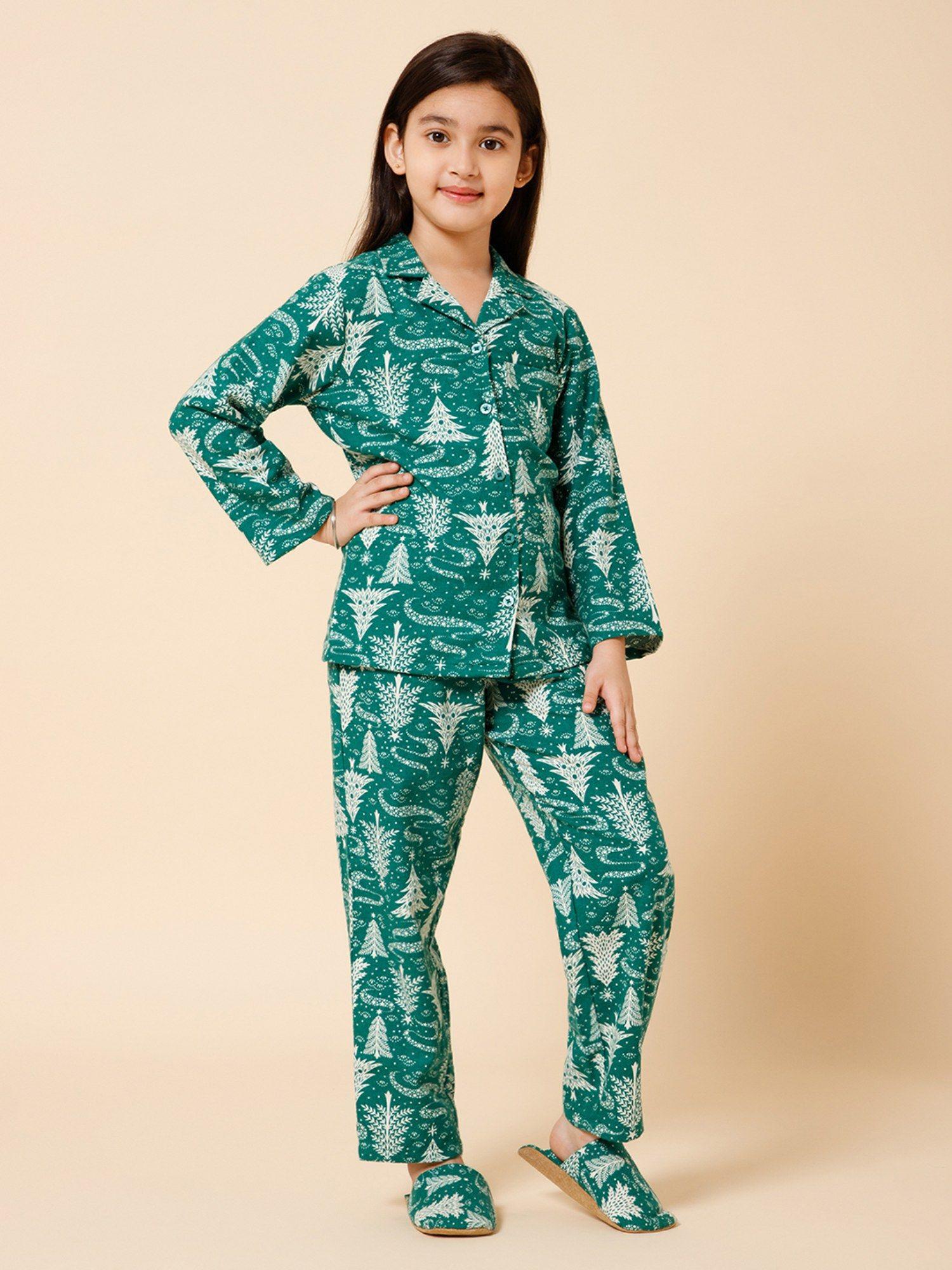 green christmas tree night suit shirt & pant with slip on slippers (set of 3)