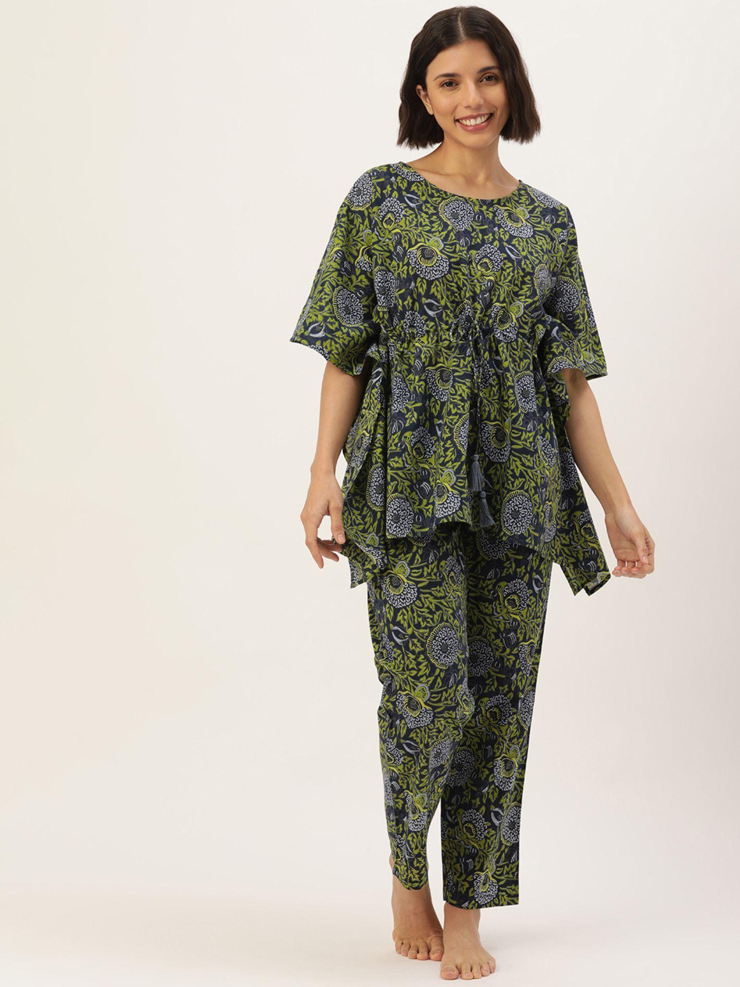 green color printed women pure cotton kaftan & pyjama night suit (set of 2)