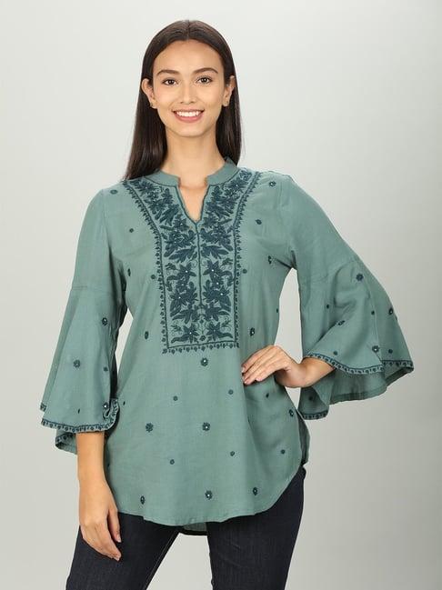 green colour embroidered top