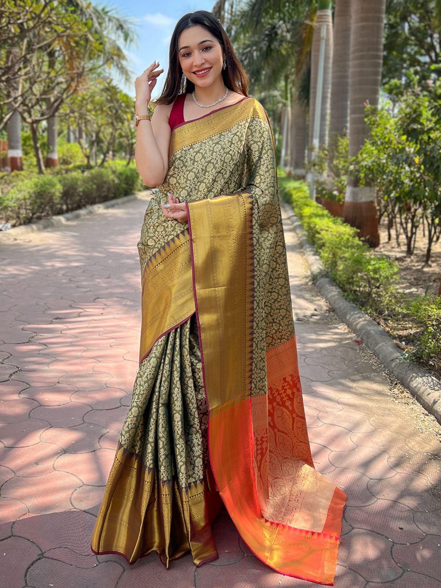 green colour one gram gold tissue saree with unstitched blouse