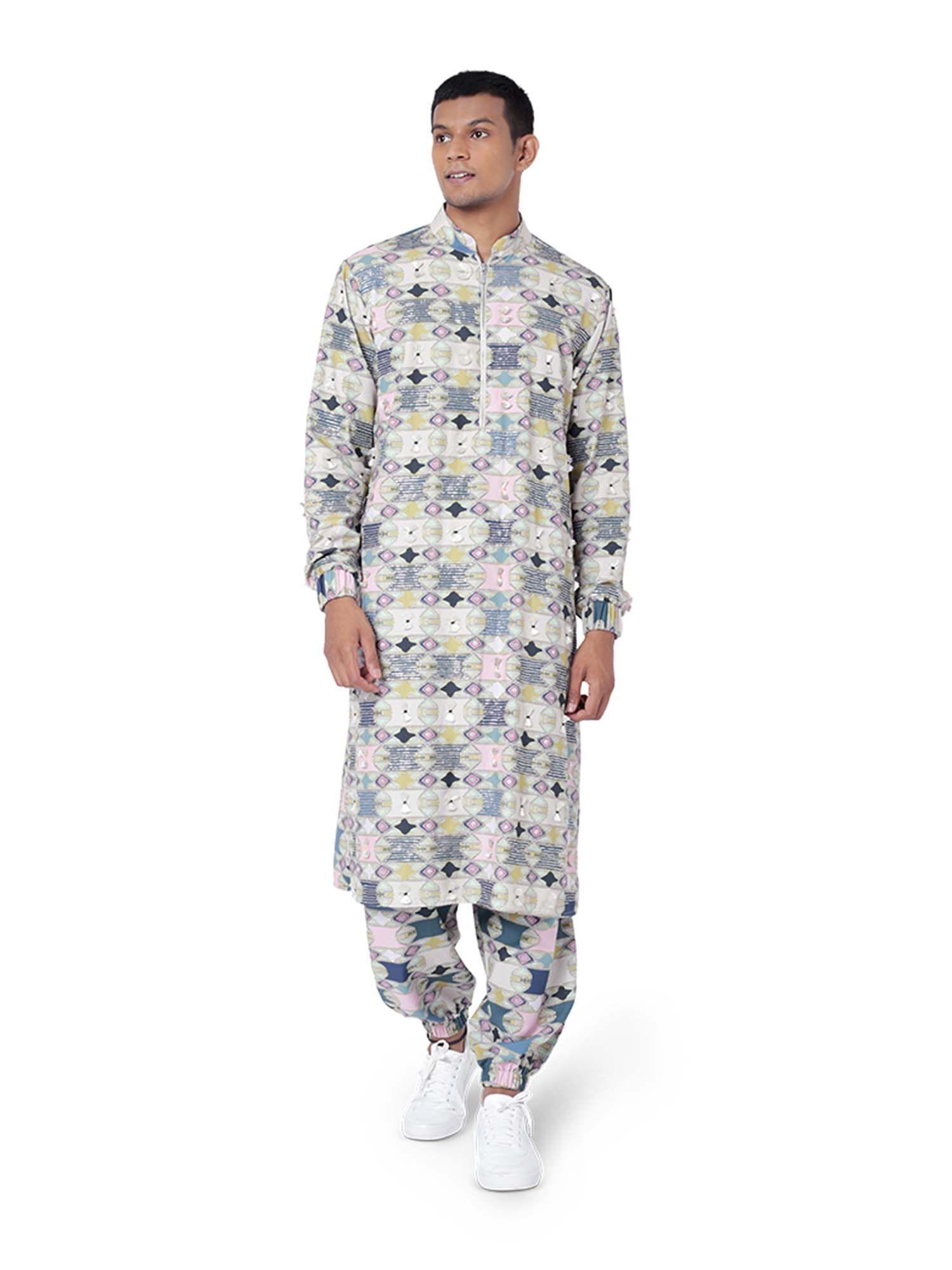 green colour printed cotton rayon kurta with jogger pant - set of 2