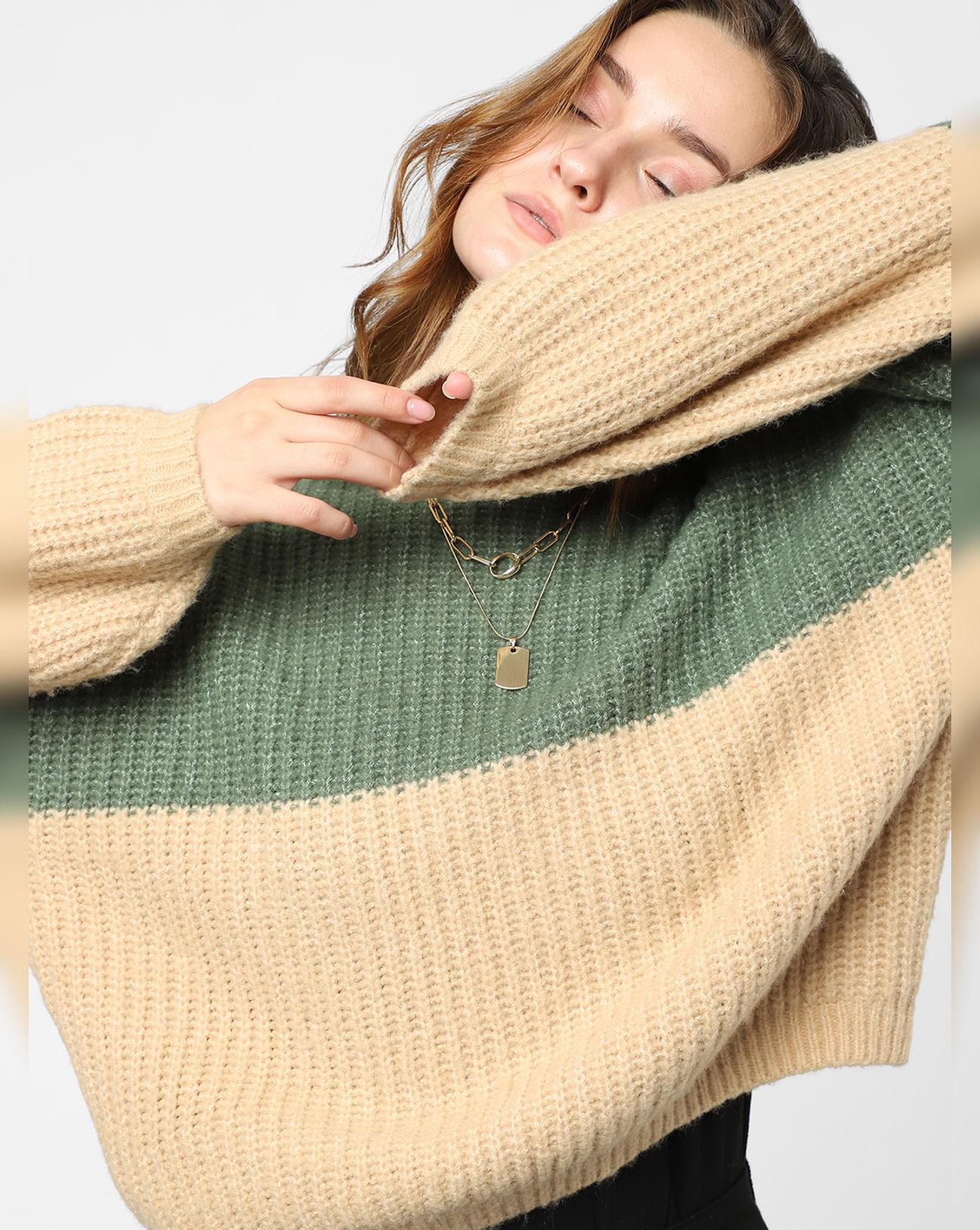 green colourblocked knit pullover