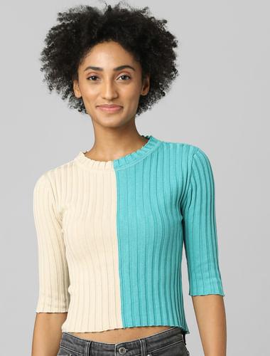 green colourblocked ribbed pullover