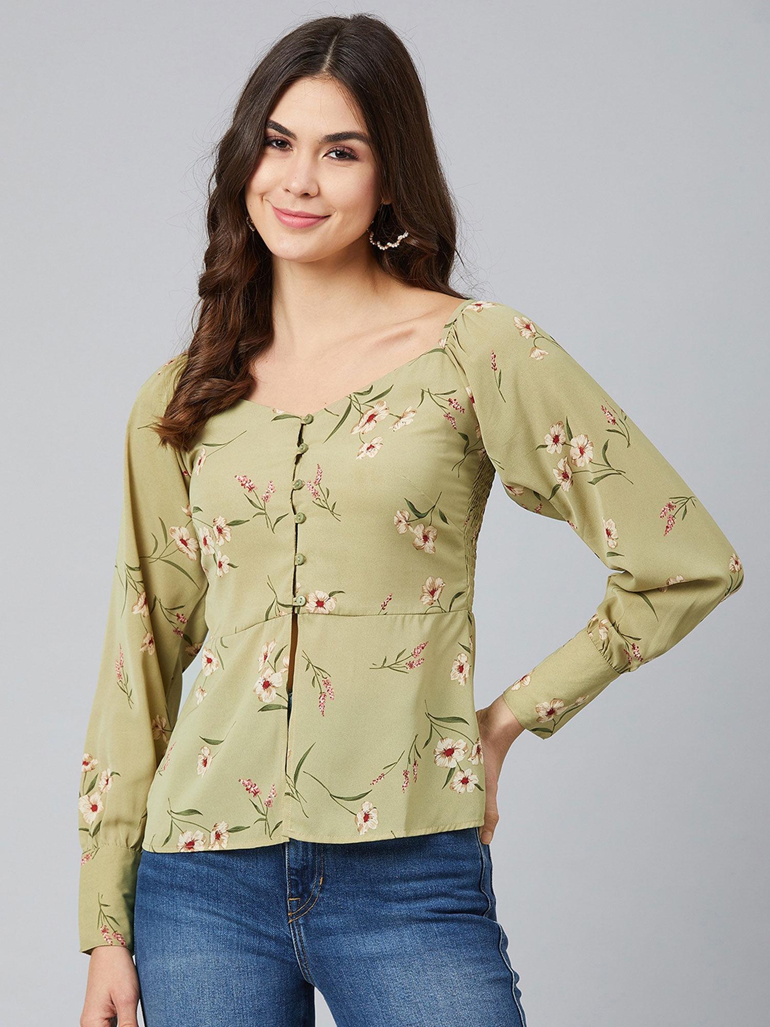 green comfortable floral tops