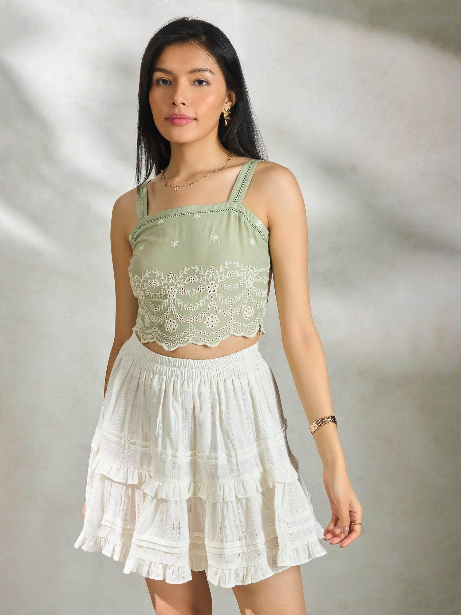 green comfy cotton wide strap cami crop top