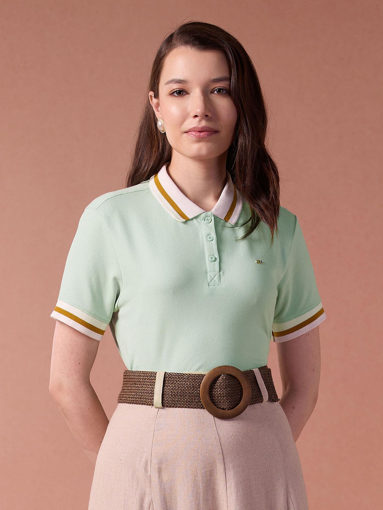 green contrast collar metallic logo polo shirt