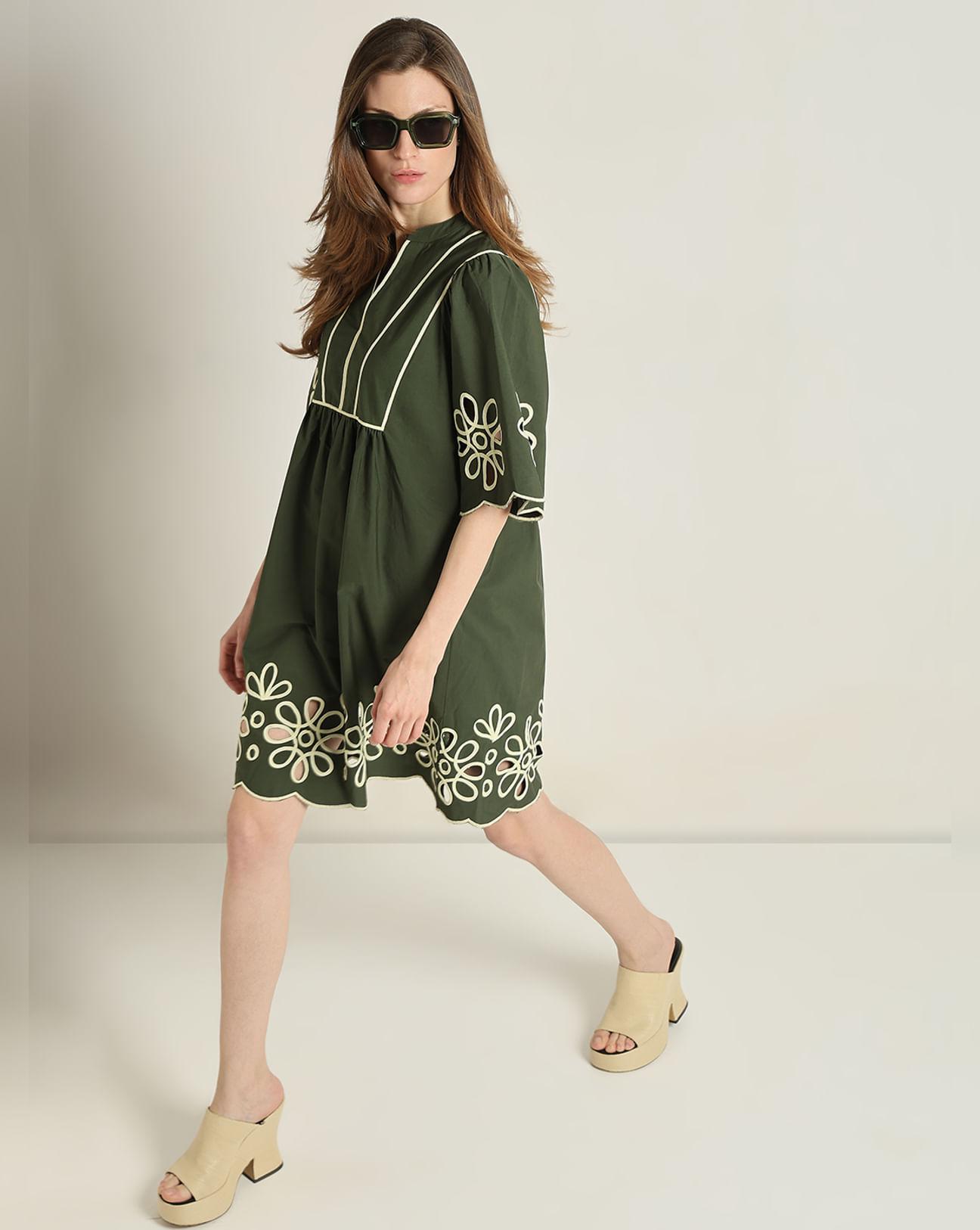 green contrast piping dress