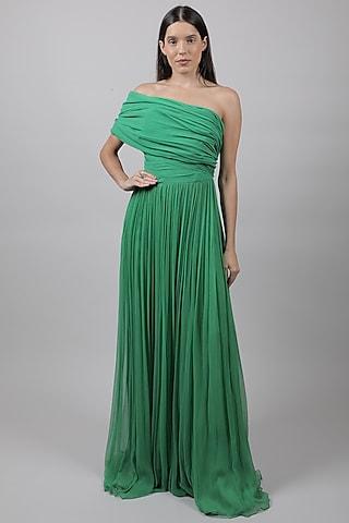 green corseted gown