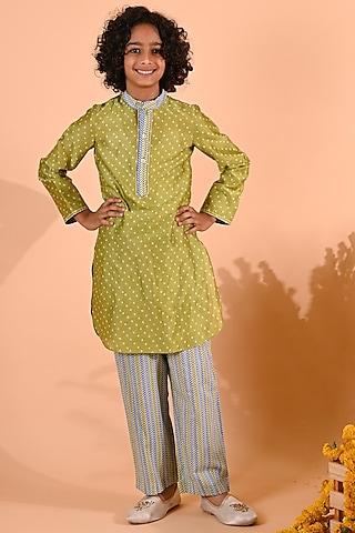 green cotton & cotton silk printed bandhej kurta set for boys
