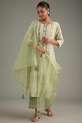 green cotton aari hand embroidered kurta set